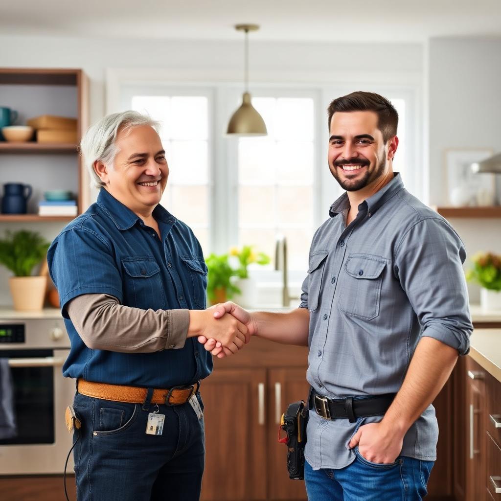 Happy homeowner shaking hands with a Whitehouse Electric LLC electrician after a completed project.